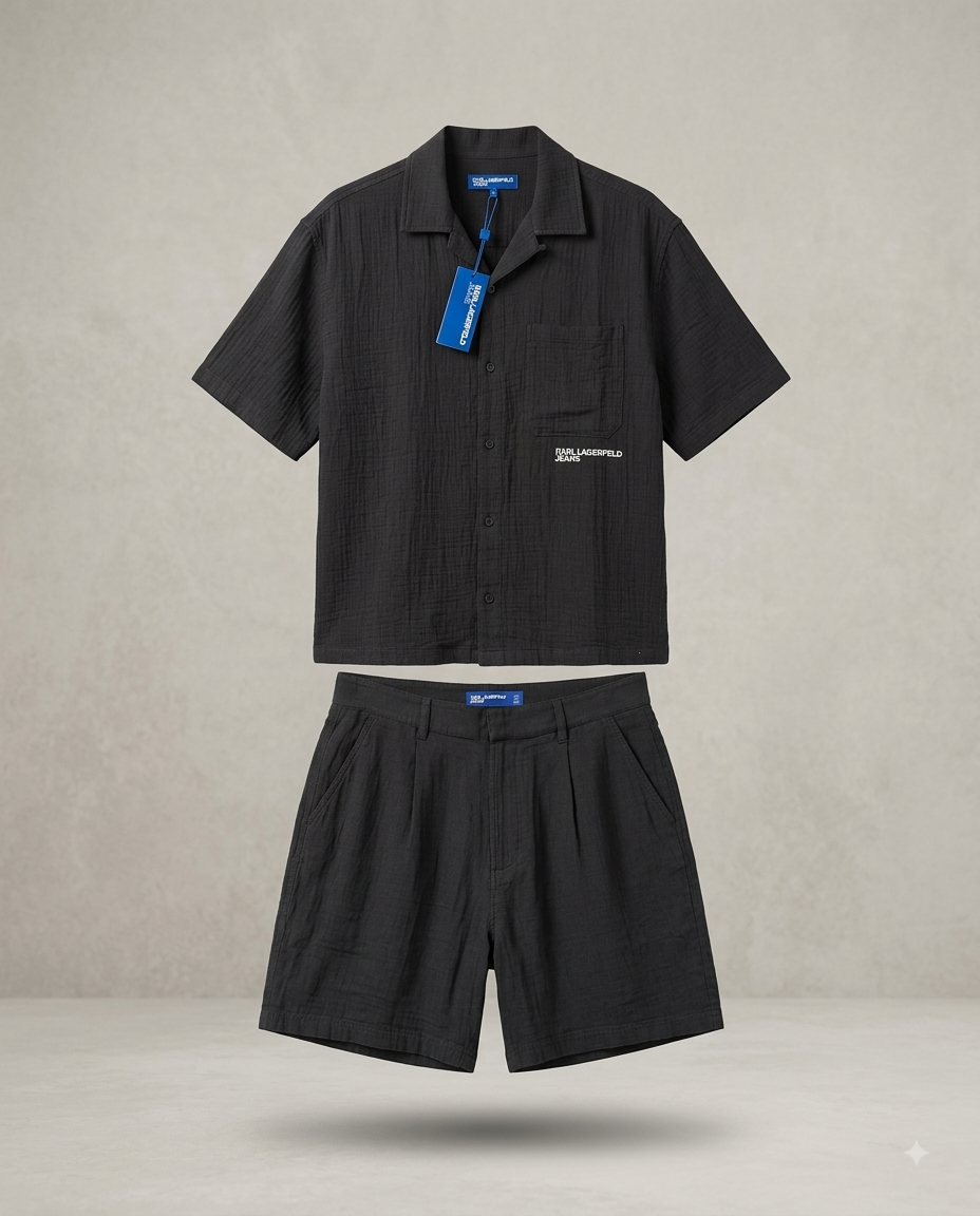Karl Lagerfeld Jeans — Ensemble Chemise et Short Tailoring en Gaze de Coton (Noir Profond)