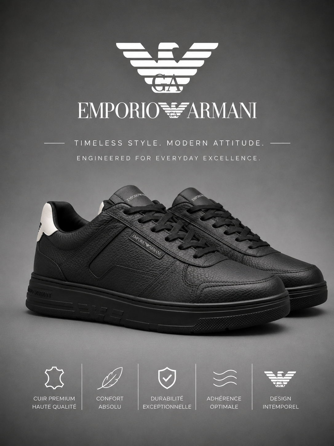 EMPORIO ARMANI | Baskets Basses "Monochrome" en Cuir Noir & Blanc