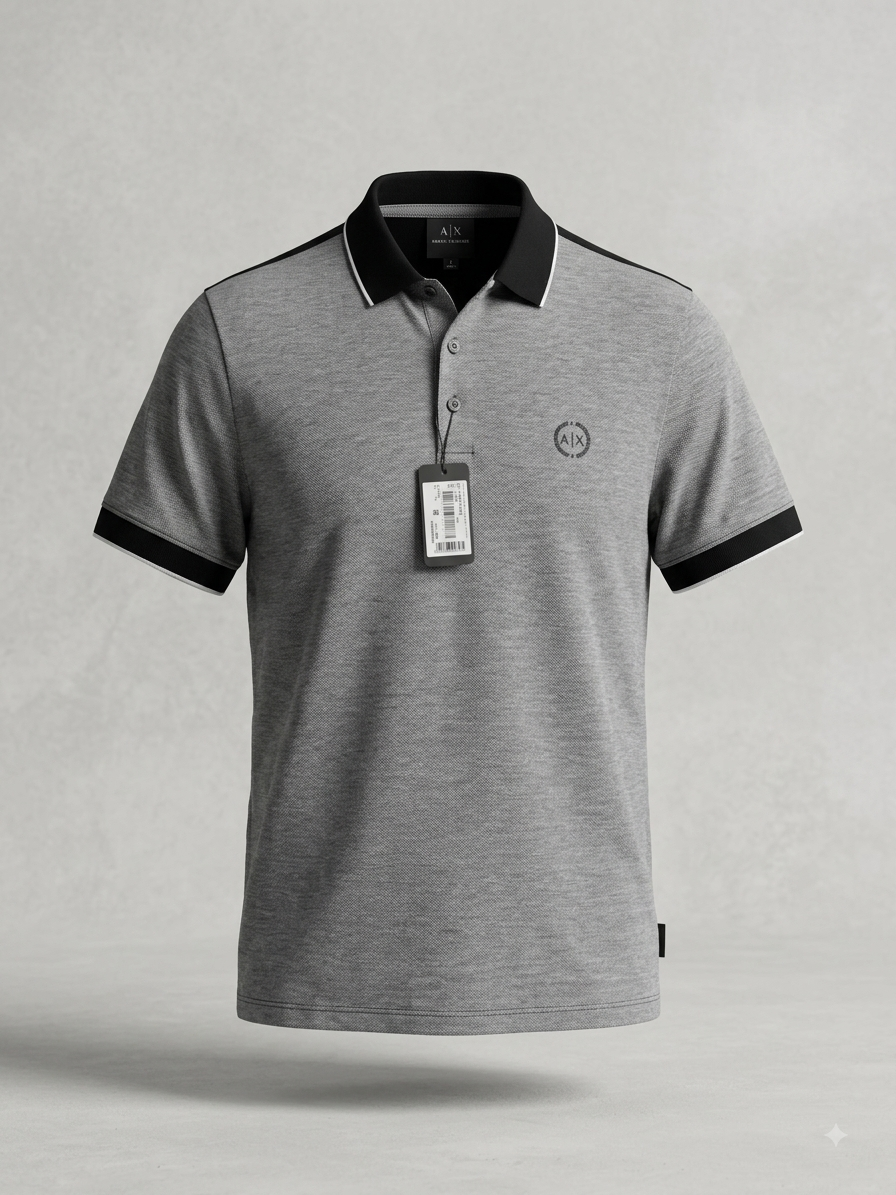Armani Exchange — Polo Piqué Bicolore à Logo Cercle Signé (Gris Chiné & Noir)