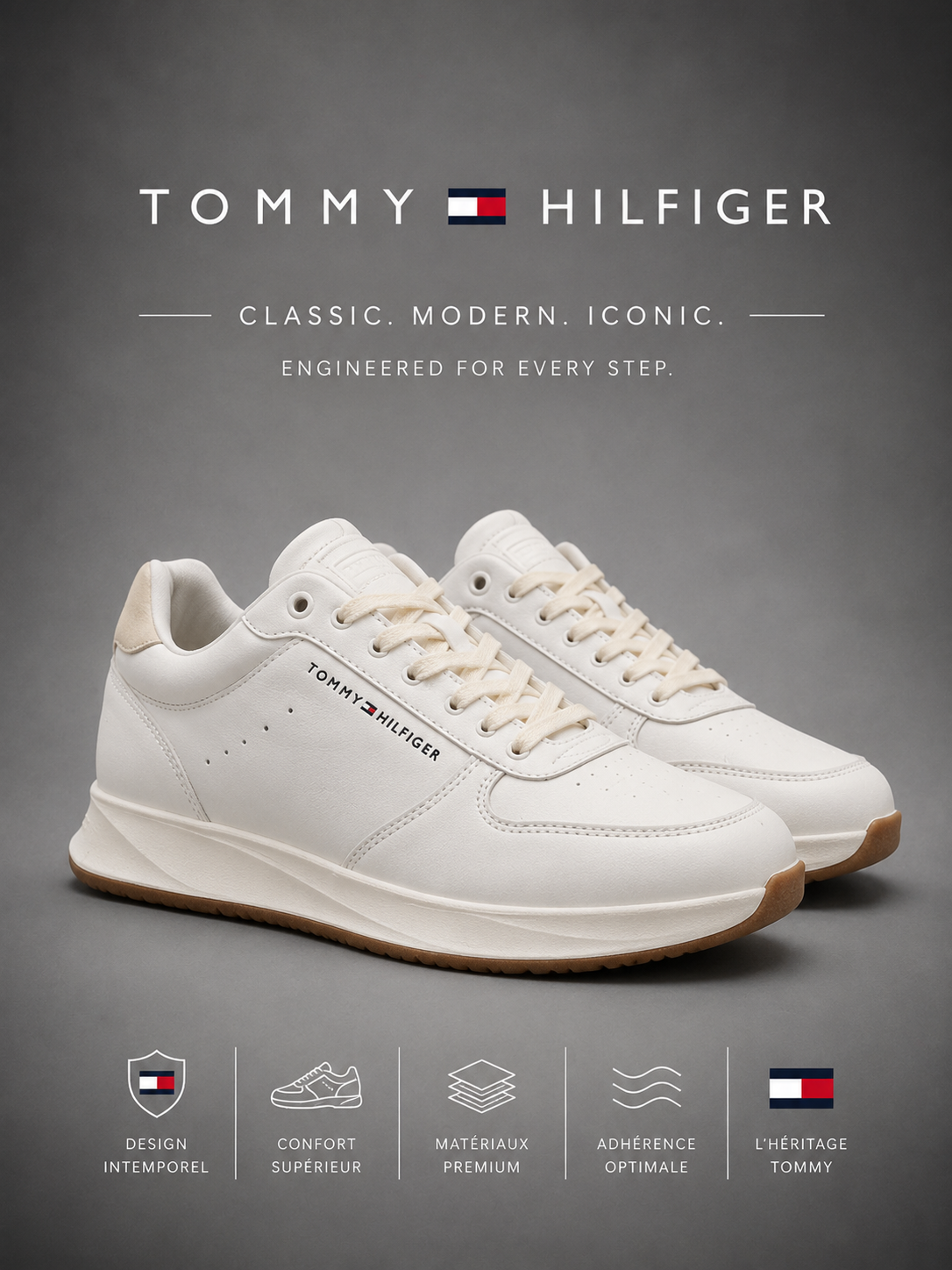 TOMMY HILFIGER | Baskets Basses "Classic Court" Blanches & Détails Signature