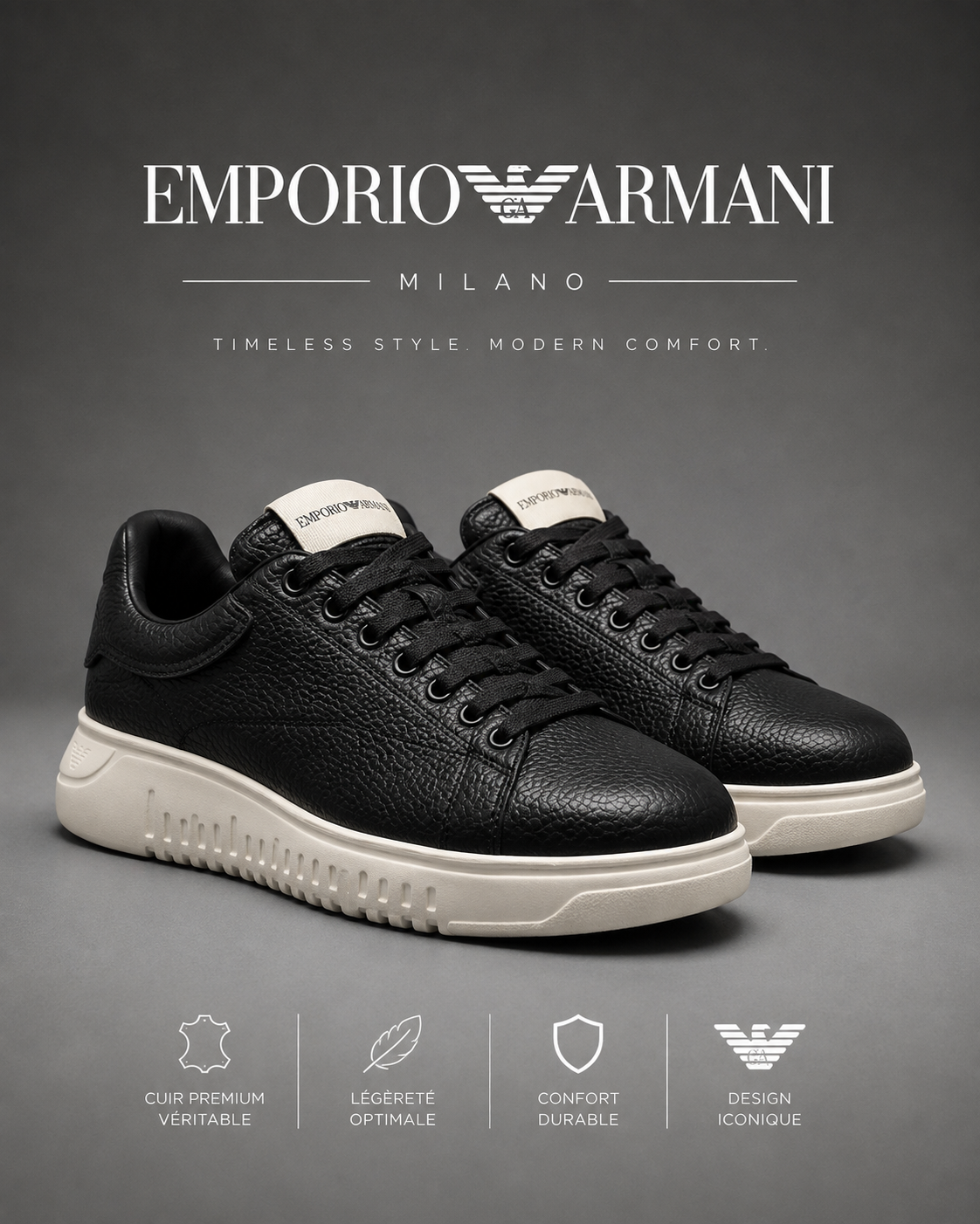 EMPORIO ARMANI | Baskets Basses "Milano" en Cuir Grainé Noir