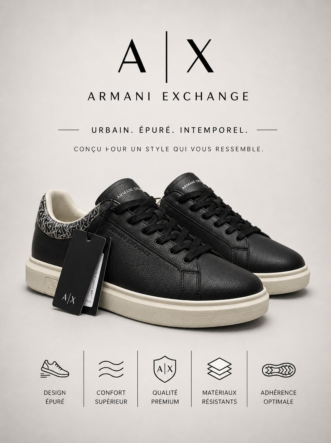 ARMANI EXCHANGE | Baskets Basses "Urban" Noires & Détails Graphiques