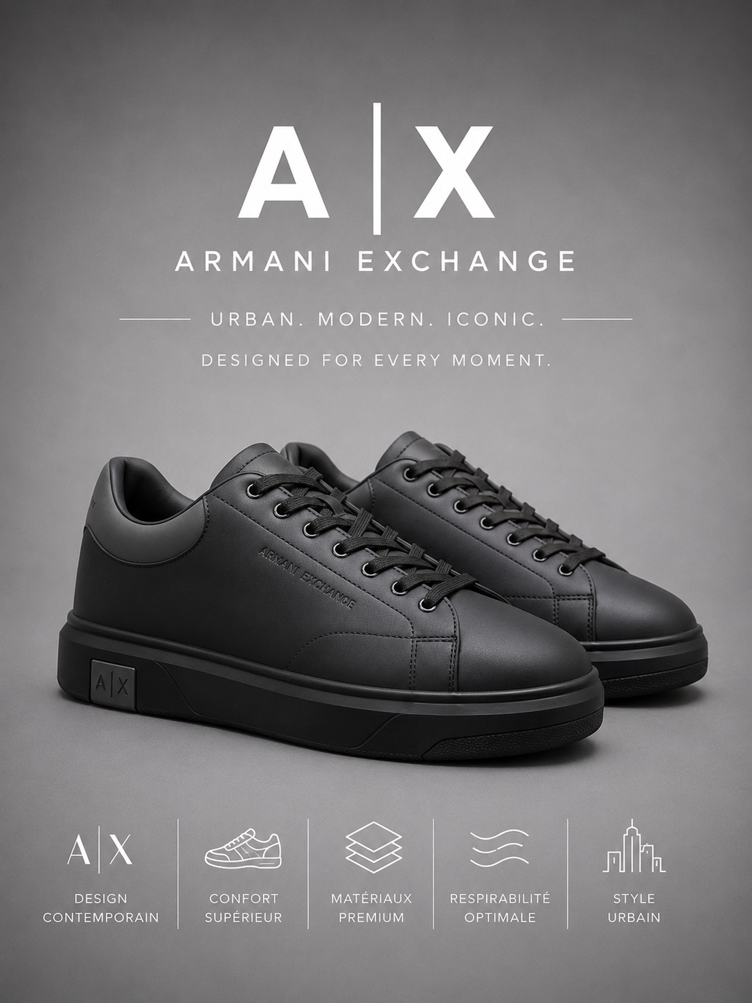ARMANI EXCHANGE | Baskets Basses "Minimalist" Noires Onyx