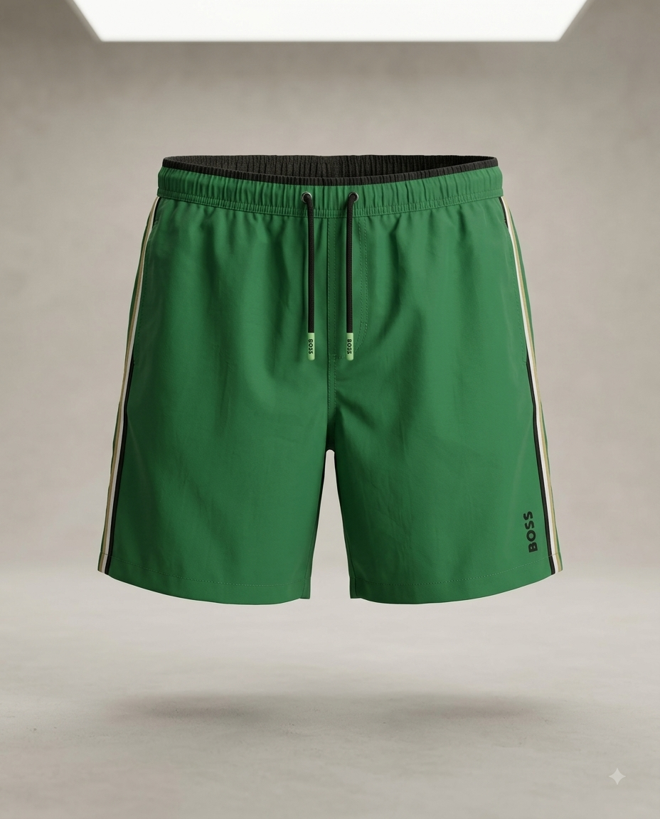BOSS — Short de Bain Technique à Bandes Latérales et Poches (Vert Forêt)