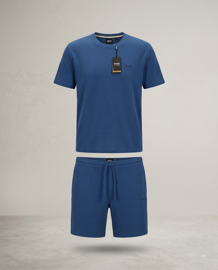 BOSS — Ensemble T-Shirt et Short en Coton Gaufré (Bleu Clair)