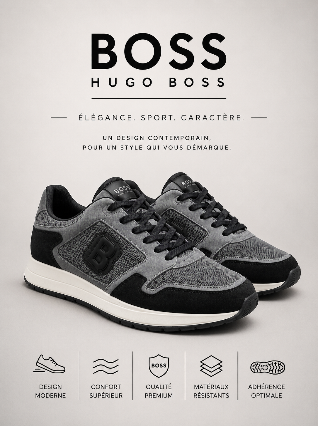 BOSS | Baskets Basses "Runner" Grises & Noires à Monogramme "B"