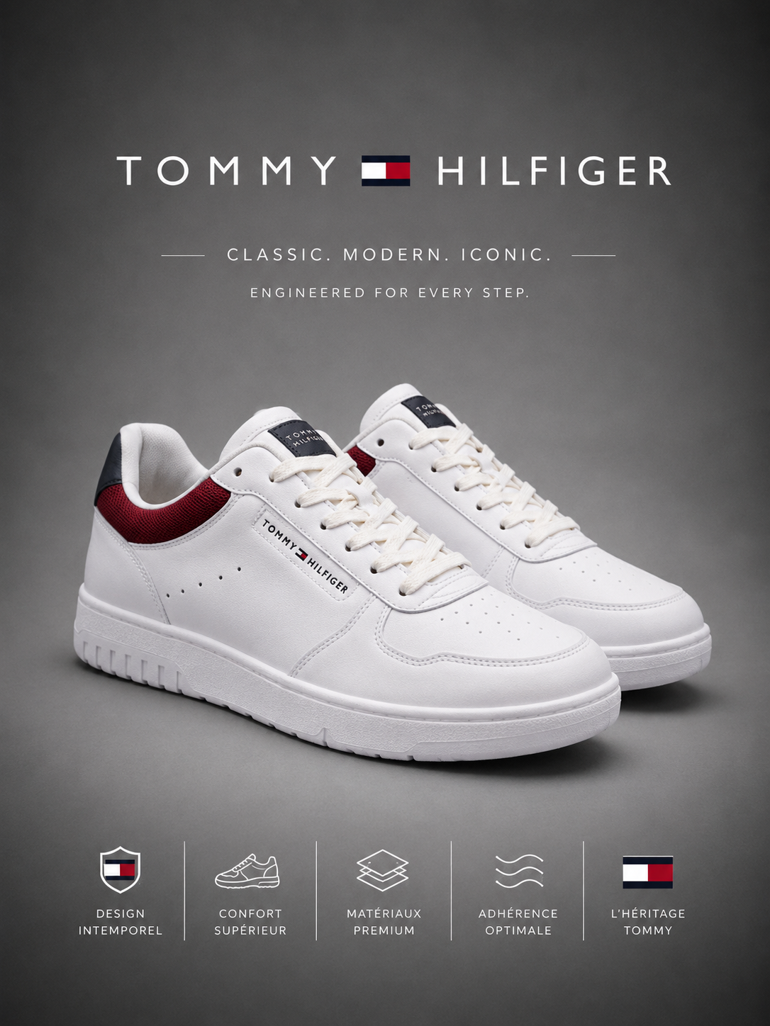 TOMMY HILFIGER | Baskets Basses "Classic Court" Blanches & Détails Signature