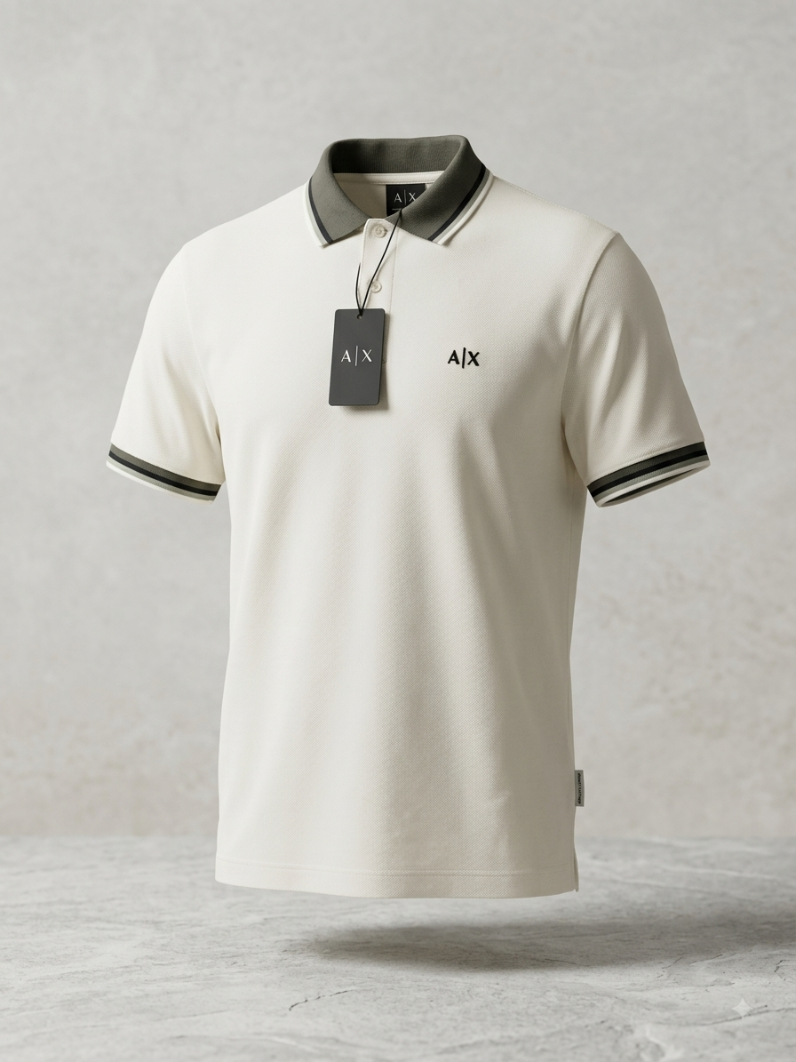 Armani Exchange — Polo Piqué Bicolore à Finitions Kaki (Blanc Cassé)