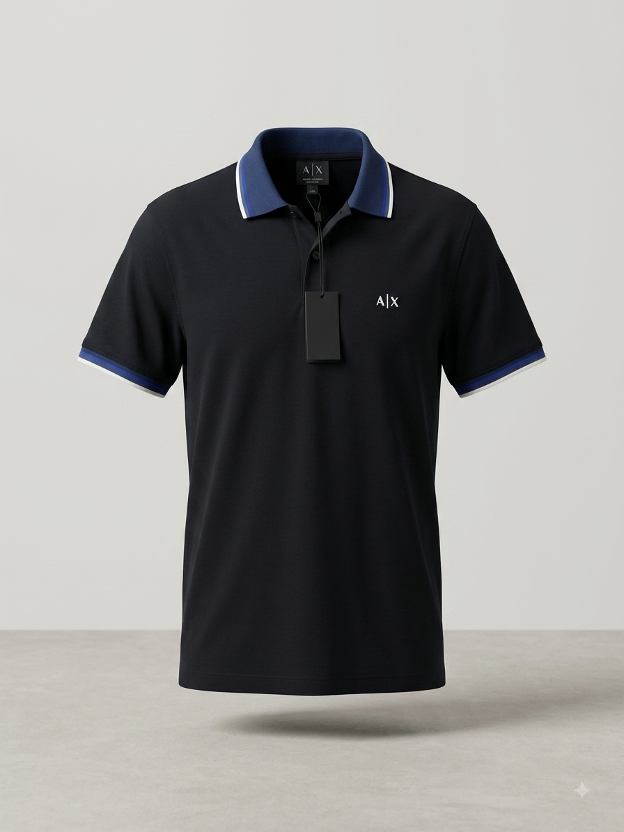 Armani Exchange — Polo Piqué Bicolore à Finitions Rayées (Noir & Bleu Électrique)