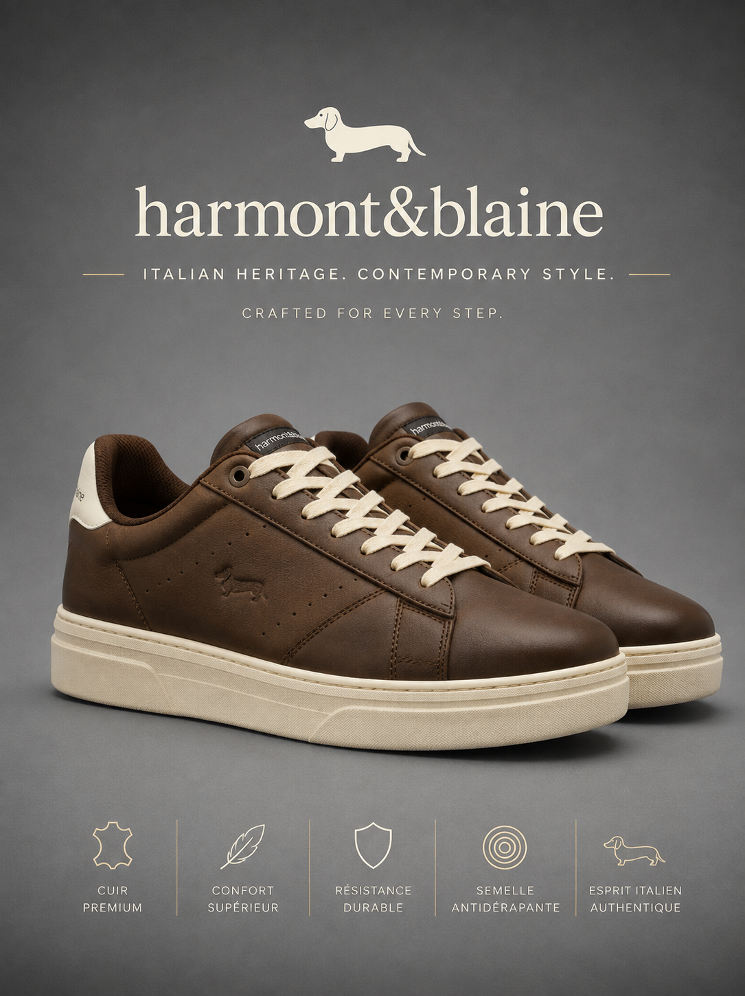 HARMONT & BLAINE | Baskets Basses "Heritage" en Cuir Marron & Blanc