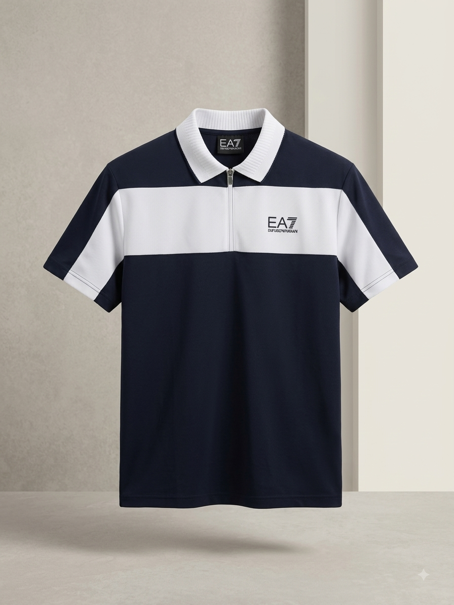 EA7 Emporio Armani — Polo Technique Bicolore à Demi-Zip et Bande Thoracique (Bleu Marine & Blanc)