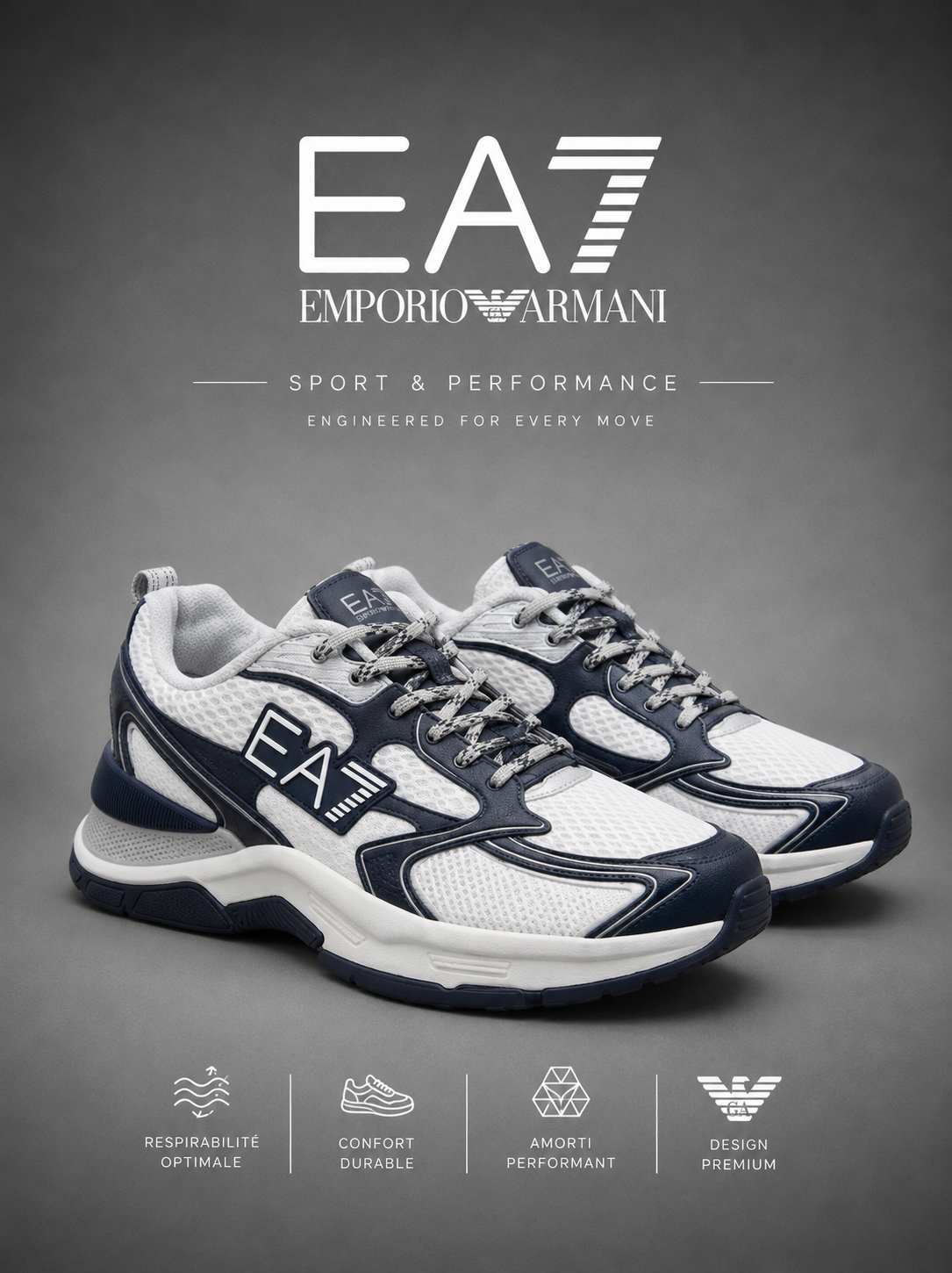 EA7 EMPORIO ARMANI | Baskets Basses "Sport & Performance" Blanc & Bleu Marine