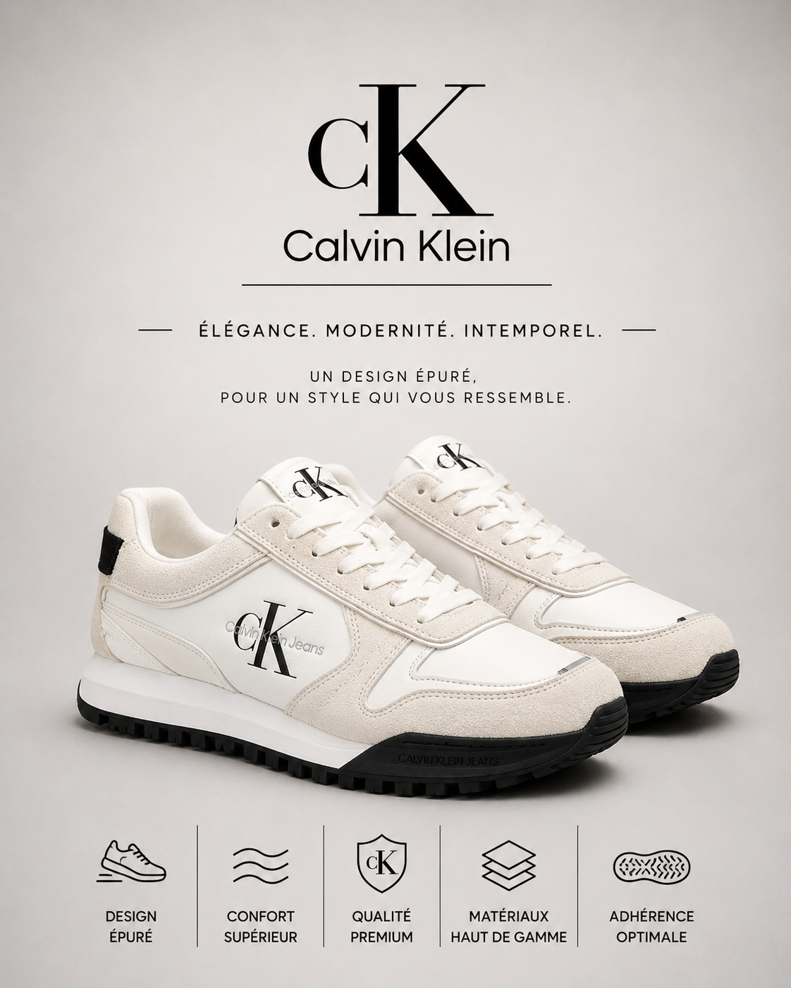 CALVIN KLEIN | Baskets Basses "Runner" Blanc Cassé & Noir