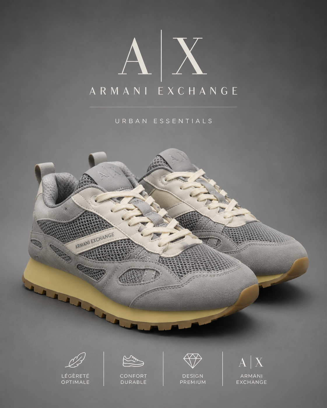 ARMANI EXCHANGE | Baskets Basses "Urban Essentials" Grises & Crème