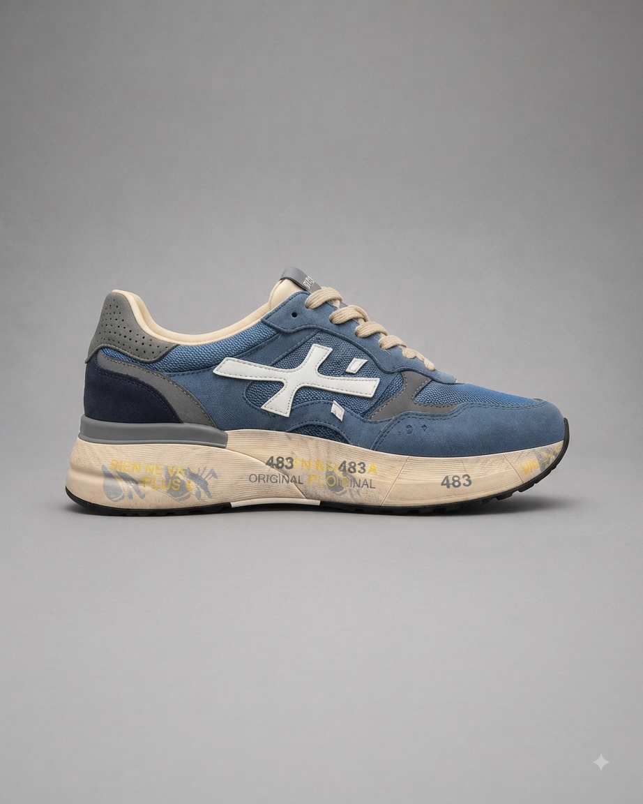 PREMIATA | Baskets Basses "Mase" Bleues, Daim & Toile Technique