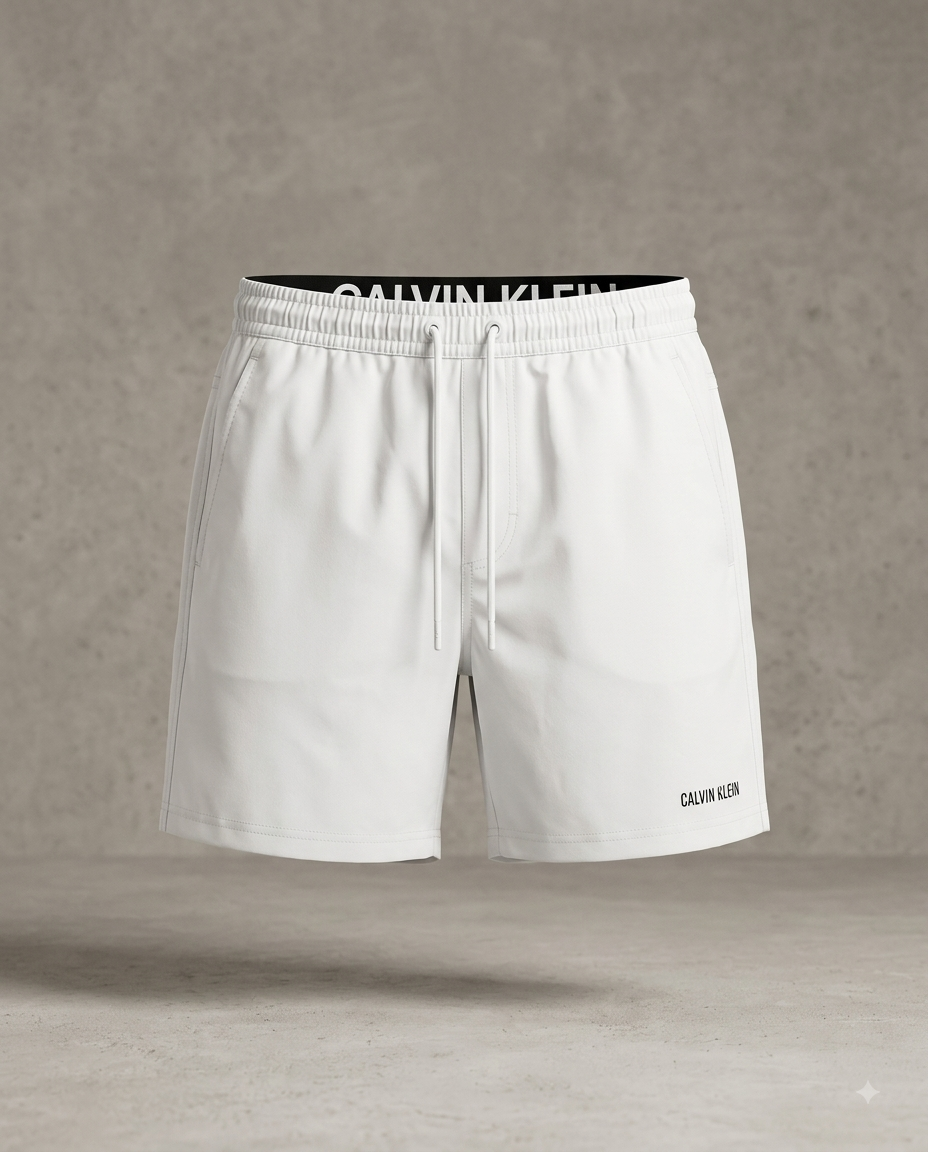 Calvin Klein — Short de Bain Technique à Ceinture Logo (Blanc Pur)