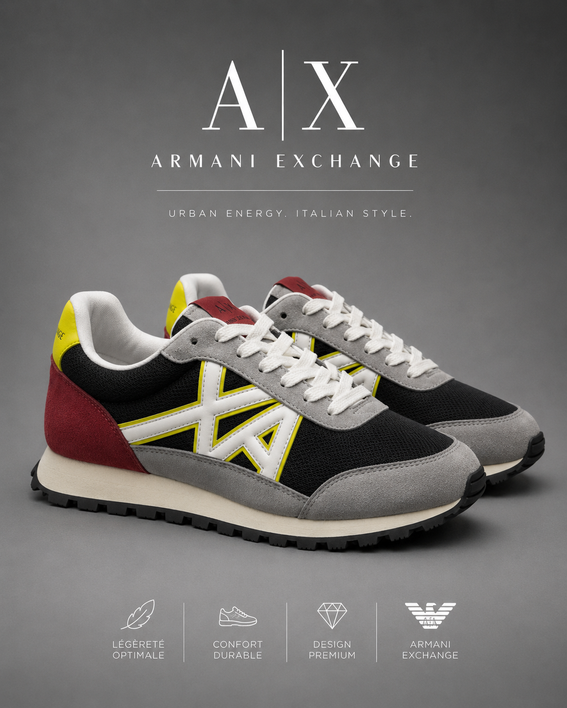 ARMANI EXCHANGE | Baskets Basses "Heritage Runner" Noires, Grises, Bordeaux & Jaune