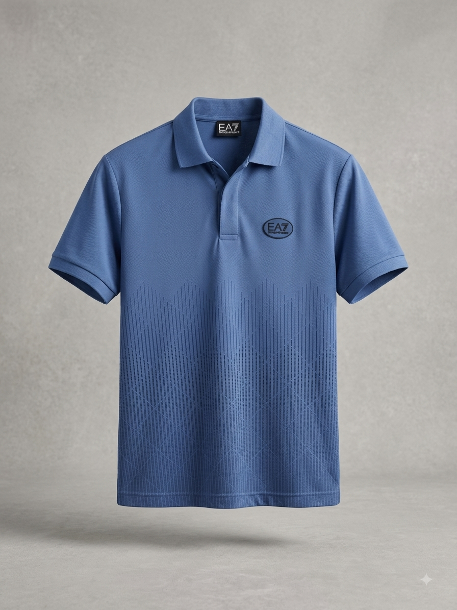 EA7 Emporio Armani — Polo Technique à Motif Géométrique Dégradé (Bleu Acier)
