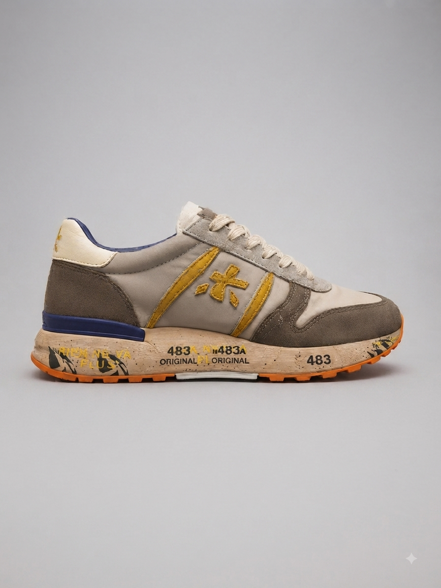 PREMIATA | Baskets Basses "Lucny" Grises, Jaunes & Oranges