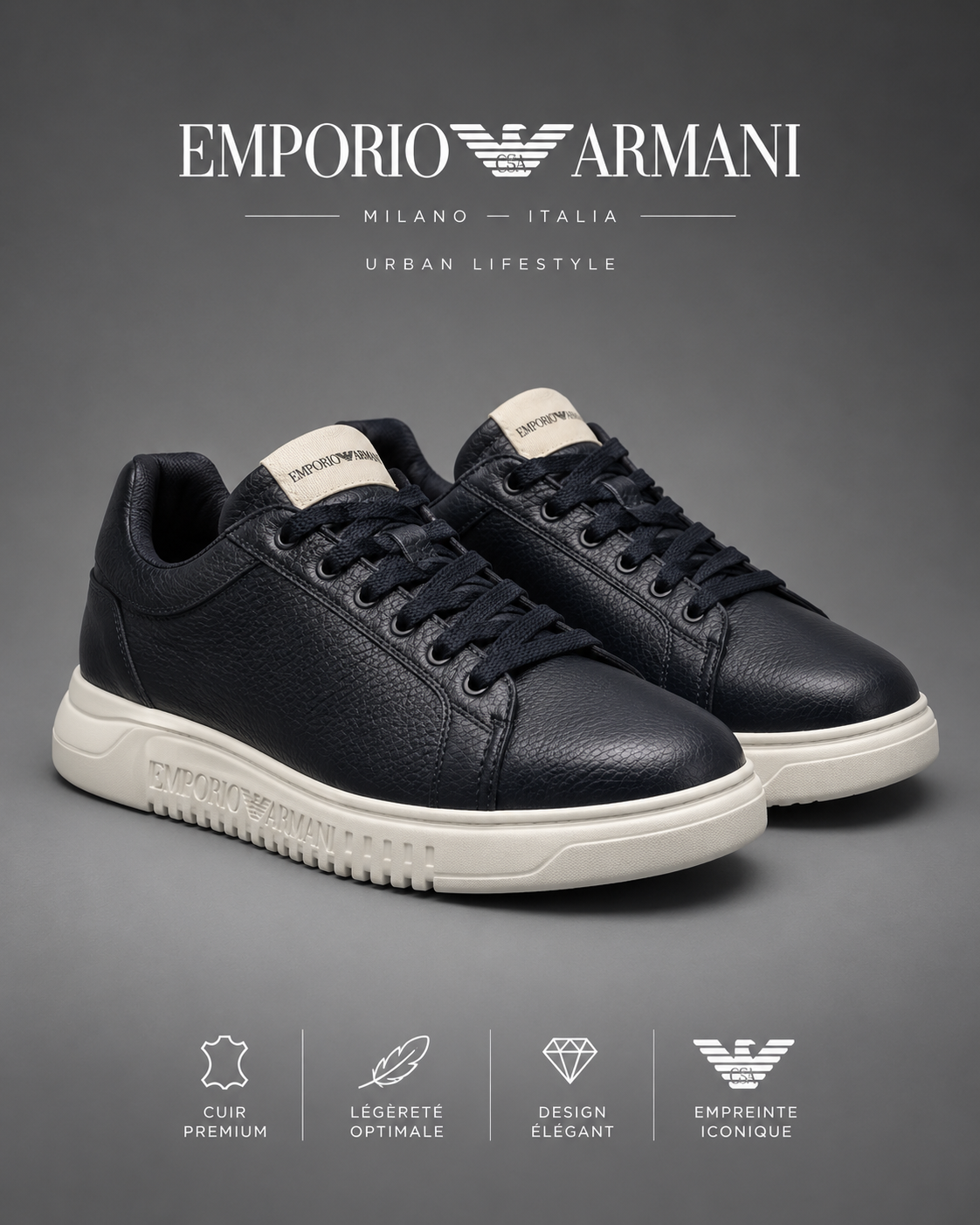 EMPORIO ARMANI | Baskets Basses "Tumbled Leather" Bleu Marine