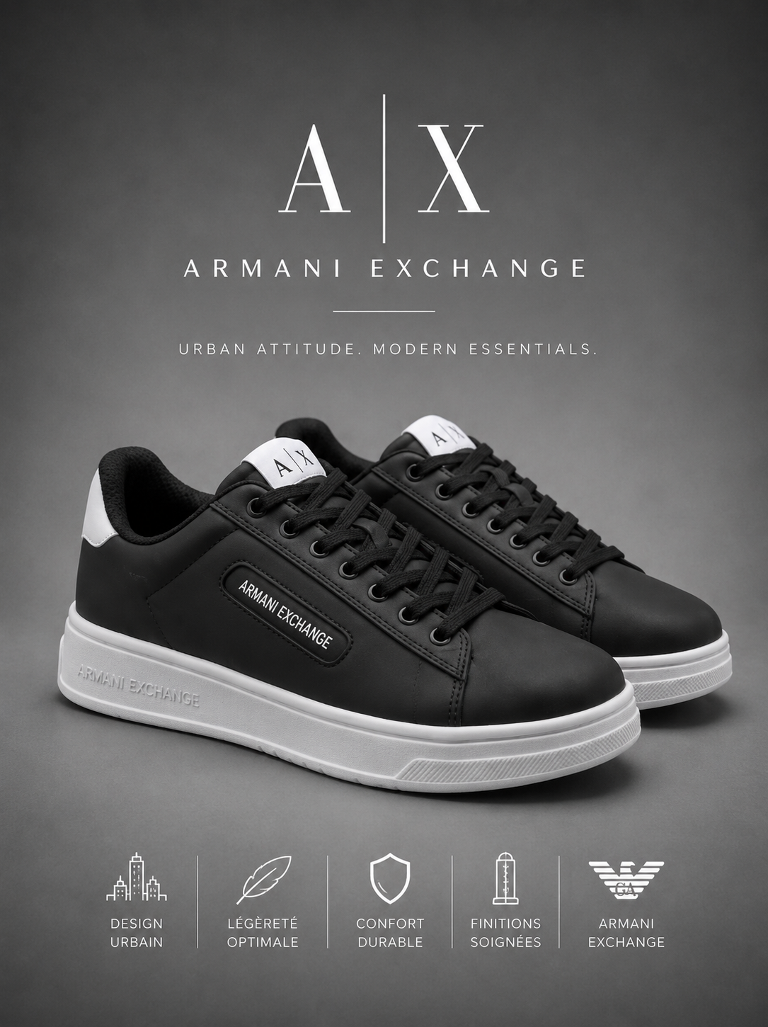 ARMANI EXCHANGE | Baskets Basses "Urban Essentials" Noires & Blanches