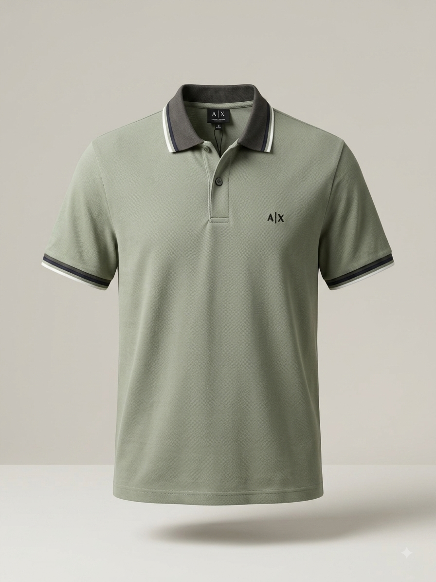 Armani Exchange — Polo Piqué Bicolore à Finitions Contrastées (Vert Sauge & Gris Fumé)