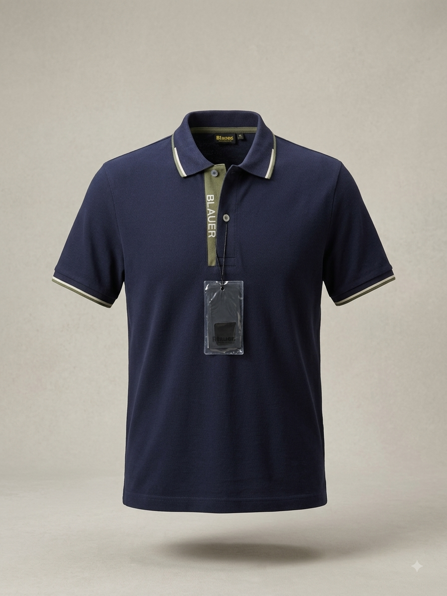 Blauer USA — Polo Piqué Bicolore à Patte Graphique (Bleu Marine & Kaki)