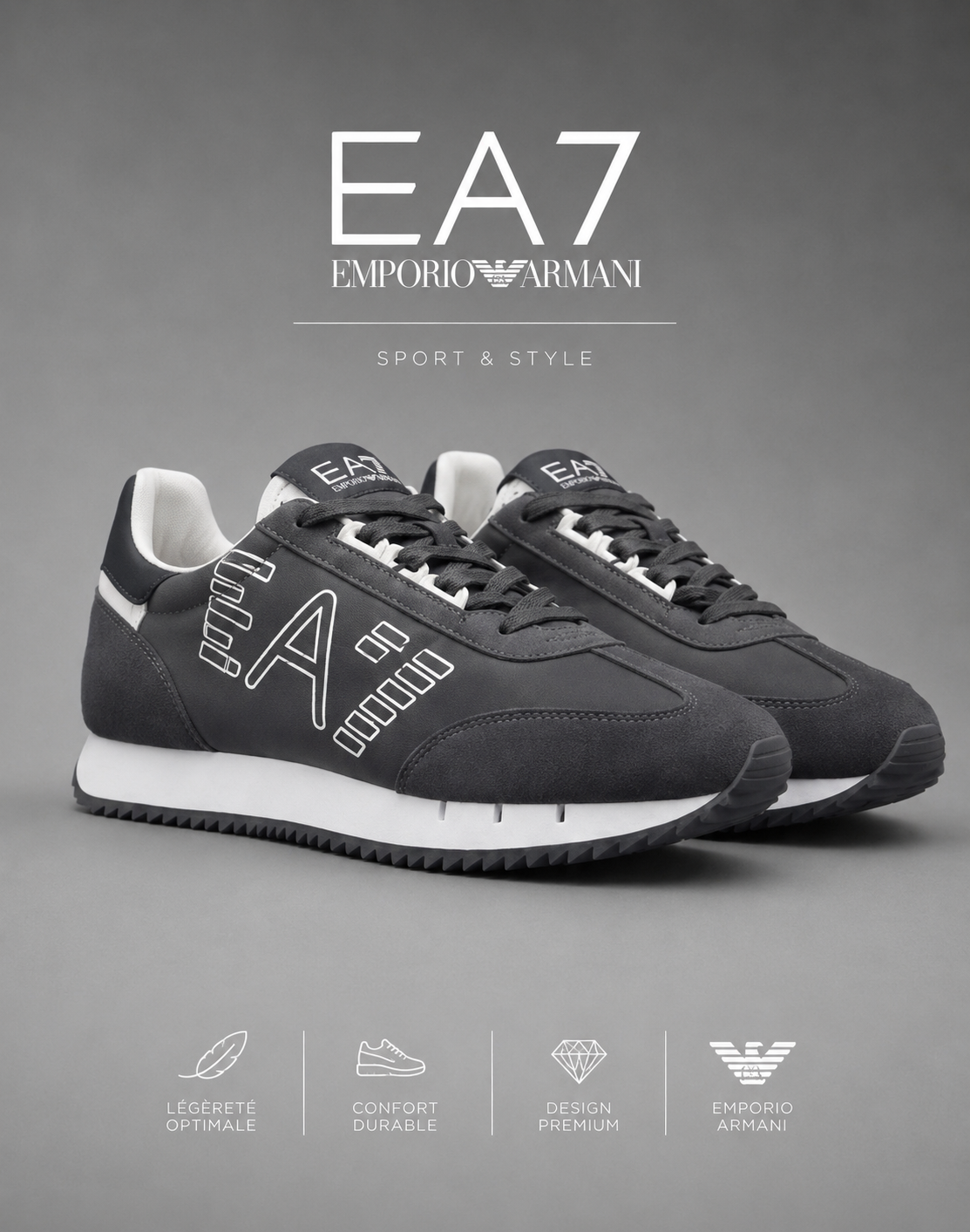 EA7 EMPORIO ARMANI | Baskets Basses "Runner" Gris Anthracite & Blanc
