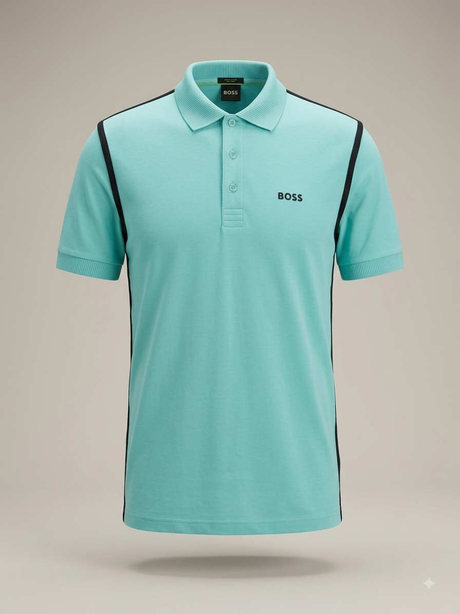 BOSS — Polo Piqué Bicolore à Piping Contrasté (Bleu Turquoise & Noir)
