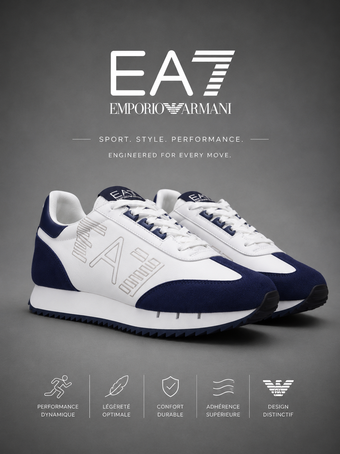 EA7 EMPORIO ARMANI | Baskets Basses "Runner" Blanches & Bleu Marine