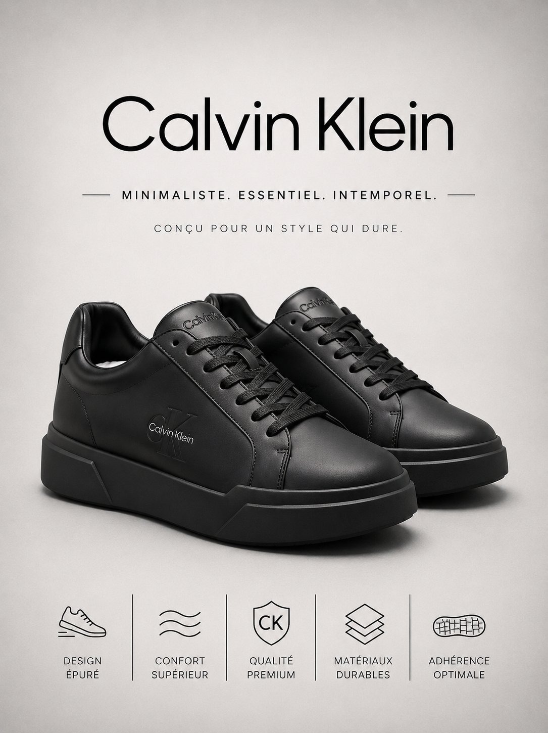 CALVIN KLEIN | Baskets Basses "Minimalist" Noires Onyx
