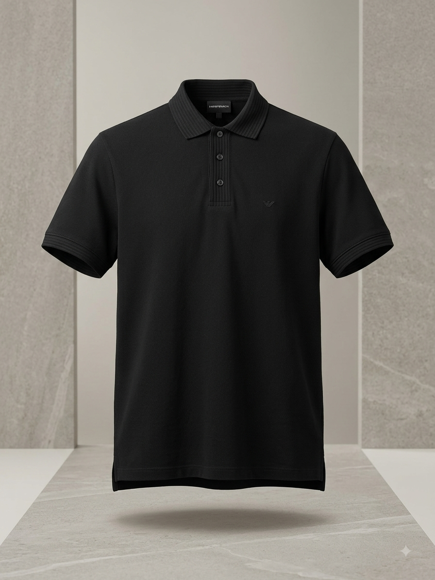 Emporio Armani — Polo Piqué Signature à Col Côtelé (Noir Absolu)