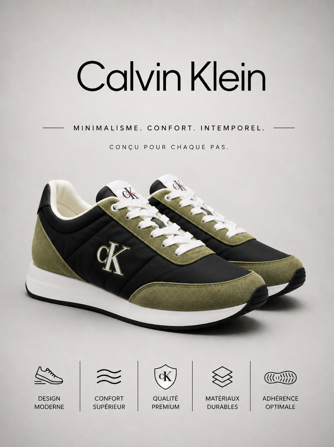CALVIN KLEIN | Baskets Basses "Runner" Kaki & Noires