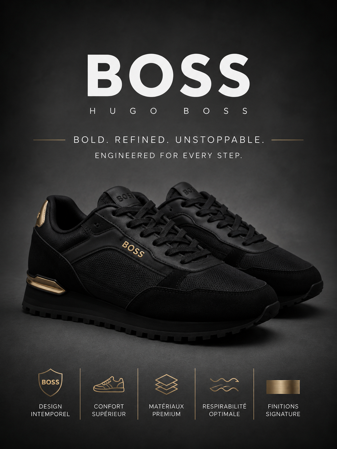 BOSS | Baskets Basses "Runner" Noires & Détails Dorés