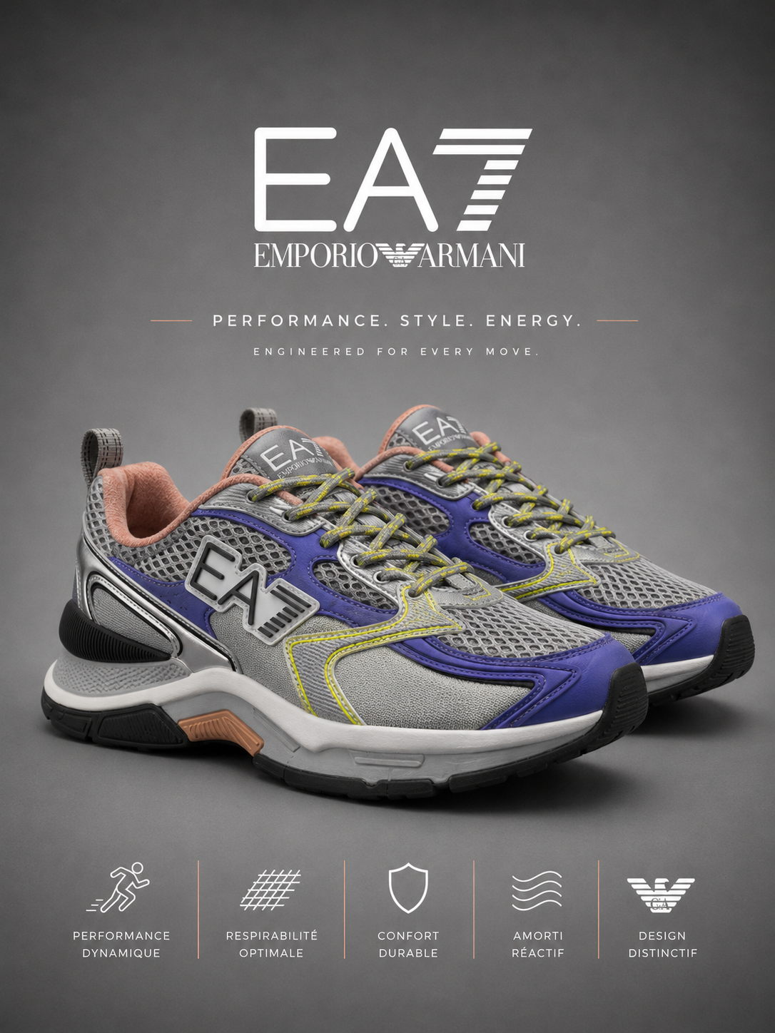 EA7 EMPORIO ARMANI | Baskets Basses "Performance" Grises, Violettes & Jaunes