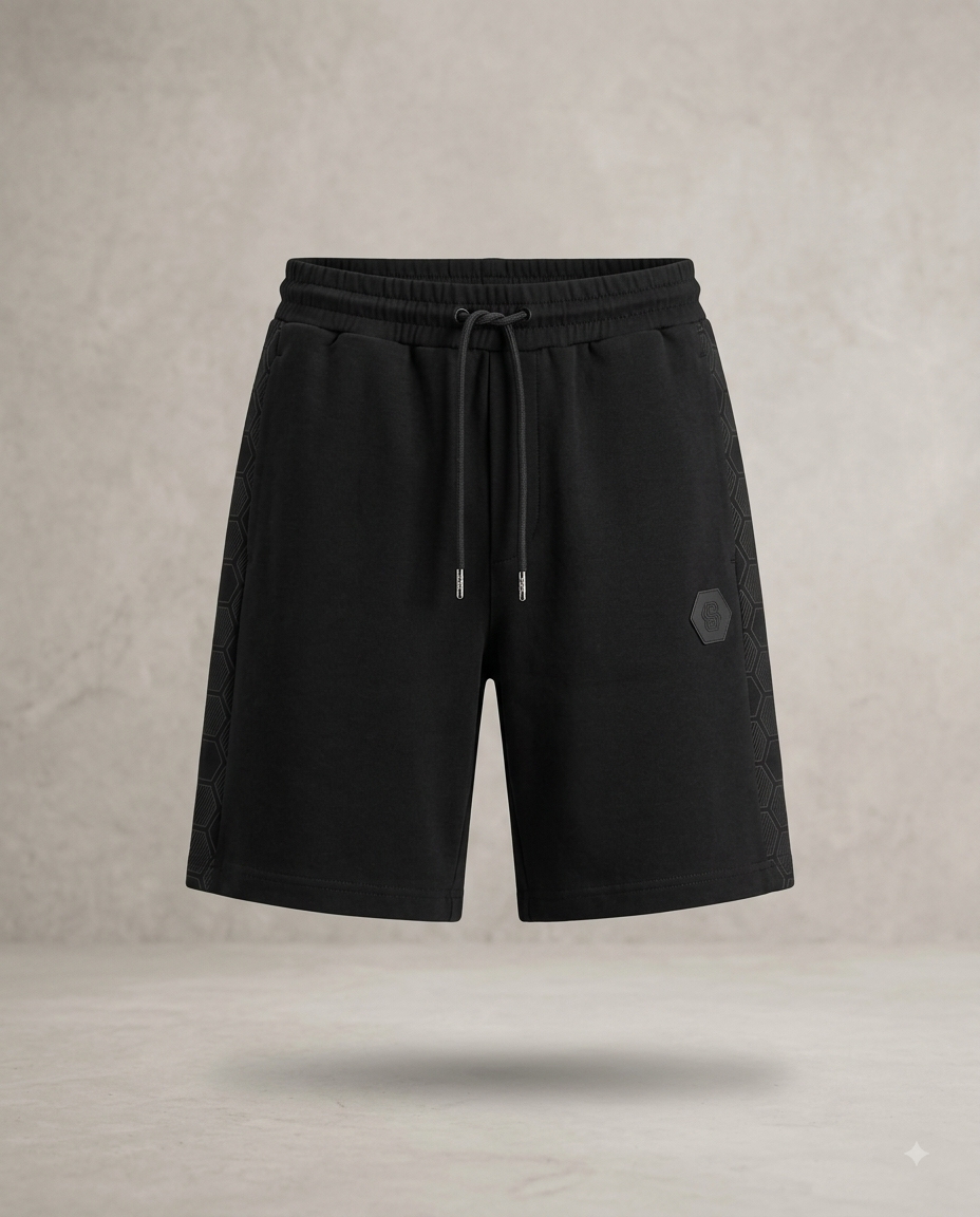 BOSS — Short de Jogging en Molleton Technique à Bandes Hexagonales (Noir Absolu)