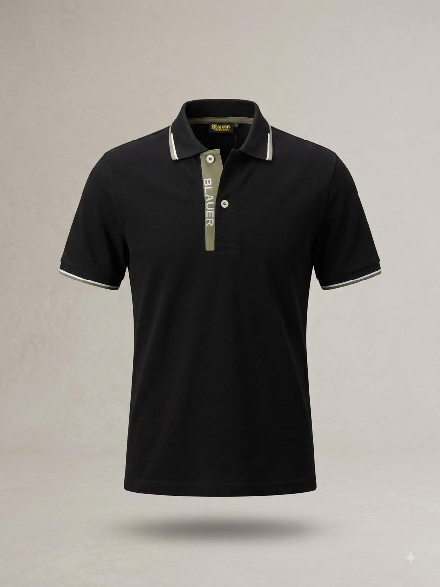 Blauer USA — Polo Piqué Contrasté à Patte Graphique (Noir & Kaki)