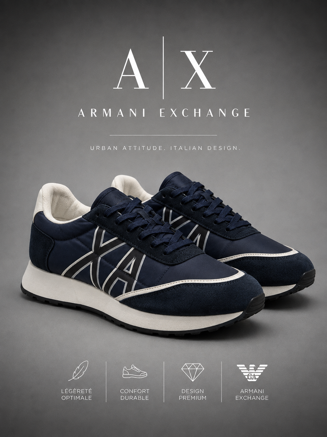 ARMANI EXCHANGE | Baskets Basses "Urban Attitude" Bleu Marine & Blanc