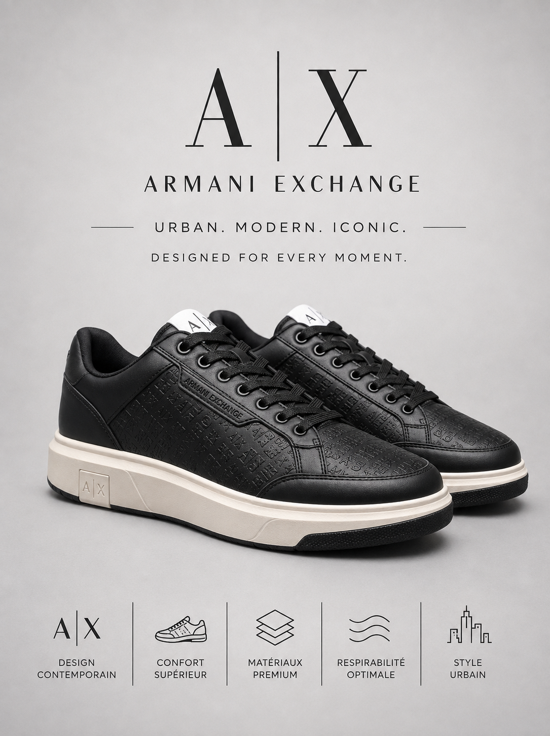 ARMANI EXCHANGE | Baskets Basses "Monogram" Noires & Blanches