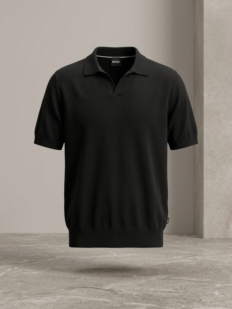 BOSS — Polo en Maille Fine à Col Ouvert (Noir Absolu)