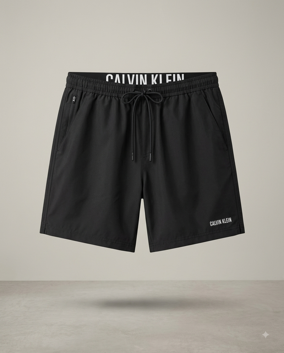 Calvin Klein — Short de Bain Technique à Ceinture Logo (Noir Profond)