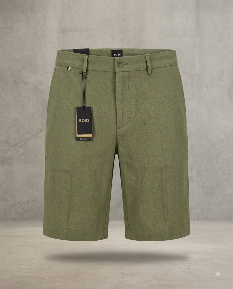 BOSS —Short en Lin et Coton (Kaki Terreux)