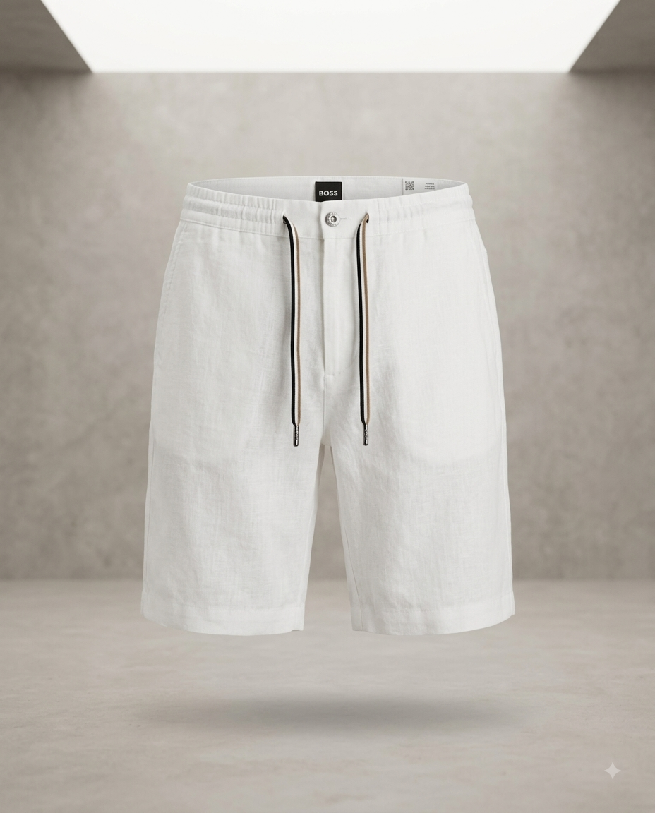 BOSS — Short en Lin et Coton (Blanc Pur)