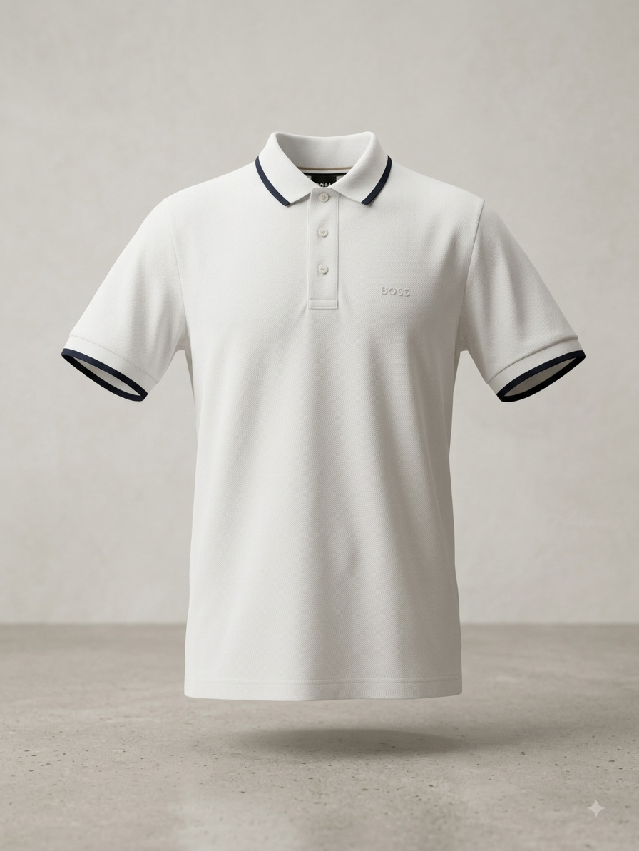 BOSS — Polo Piqué Bicolore à Col Contrasté (Blanc Cassé & Bleu Nuit)